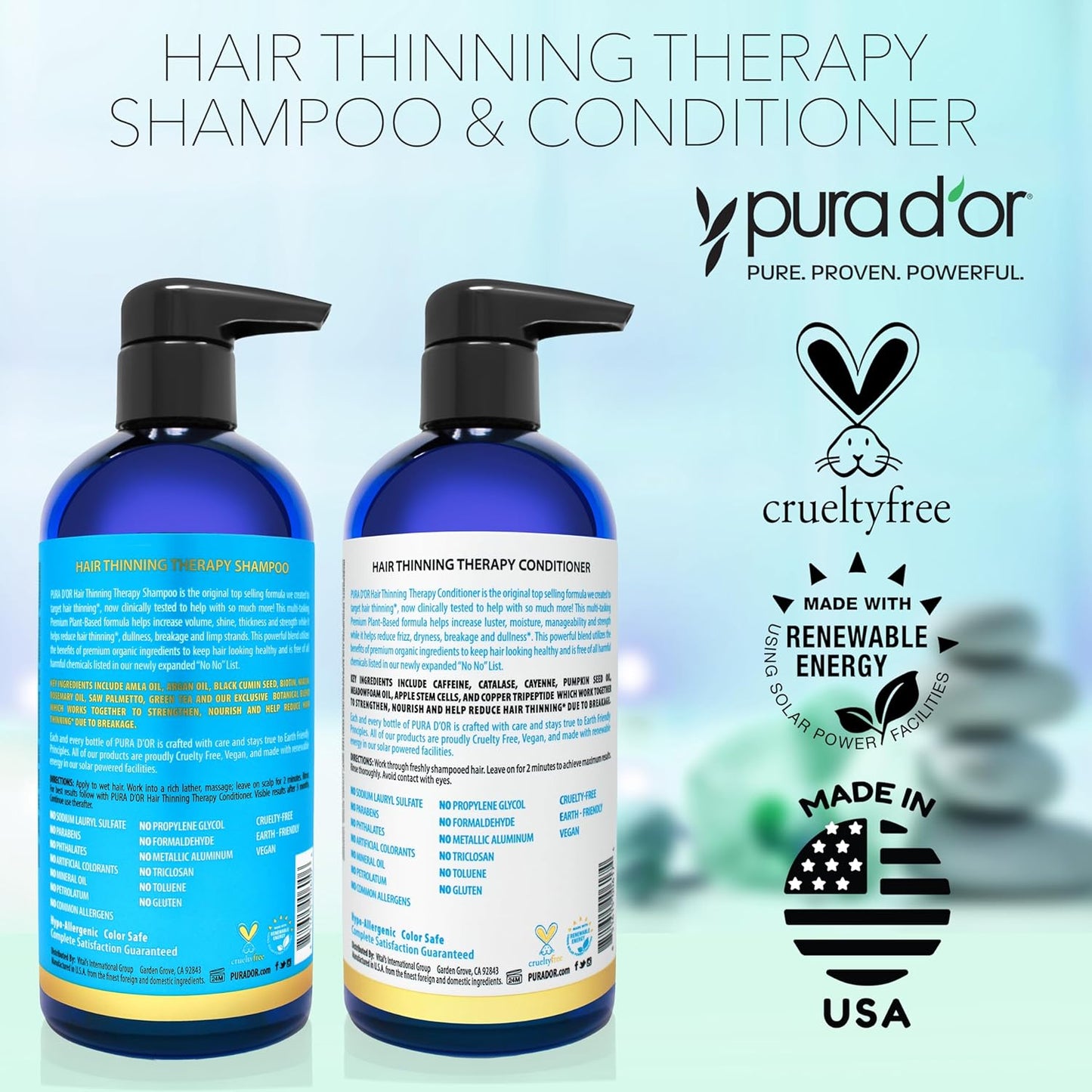PURA D'OR Juego de champú y acondicionador de biotina para terapia contra el adelgazamiento del cabello, resultados eficaces PROBADOS CLÍNICAMENTE, productos para espesar el cabello para mujeres y