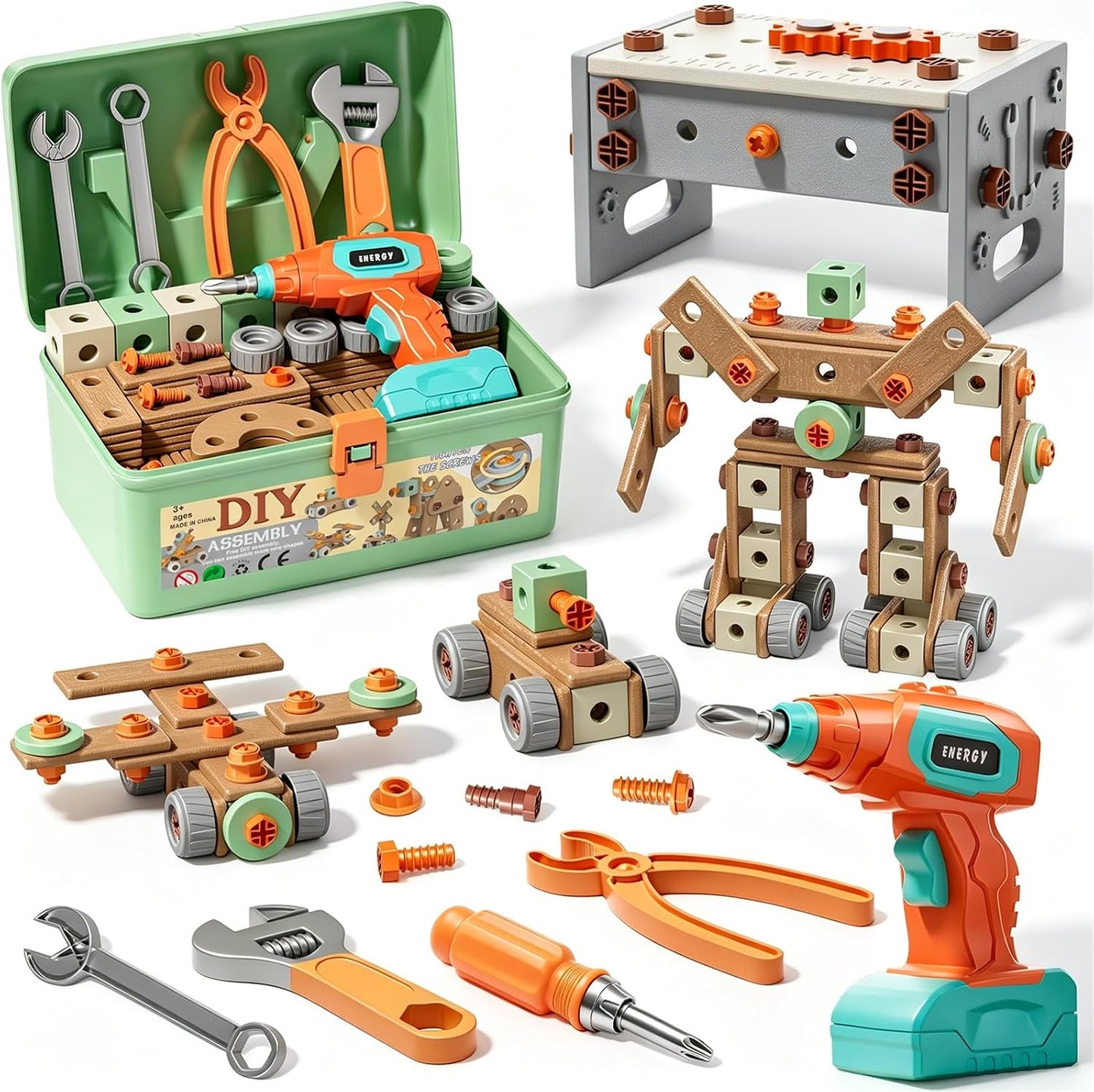 CUTE STONE Juego de 200 herramientas para niños con taladro de jugu...
