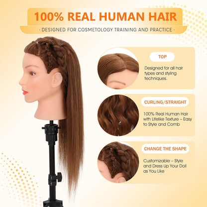 Cabeza de maniquí con 100% cabello humano real para entrenamiento e...