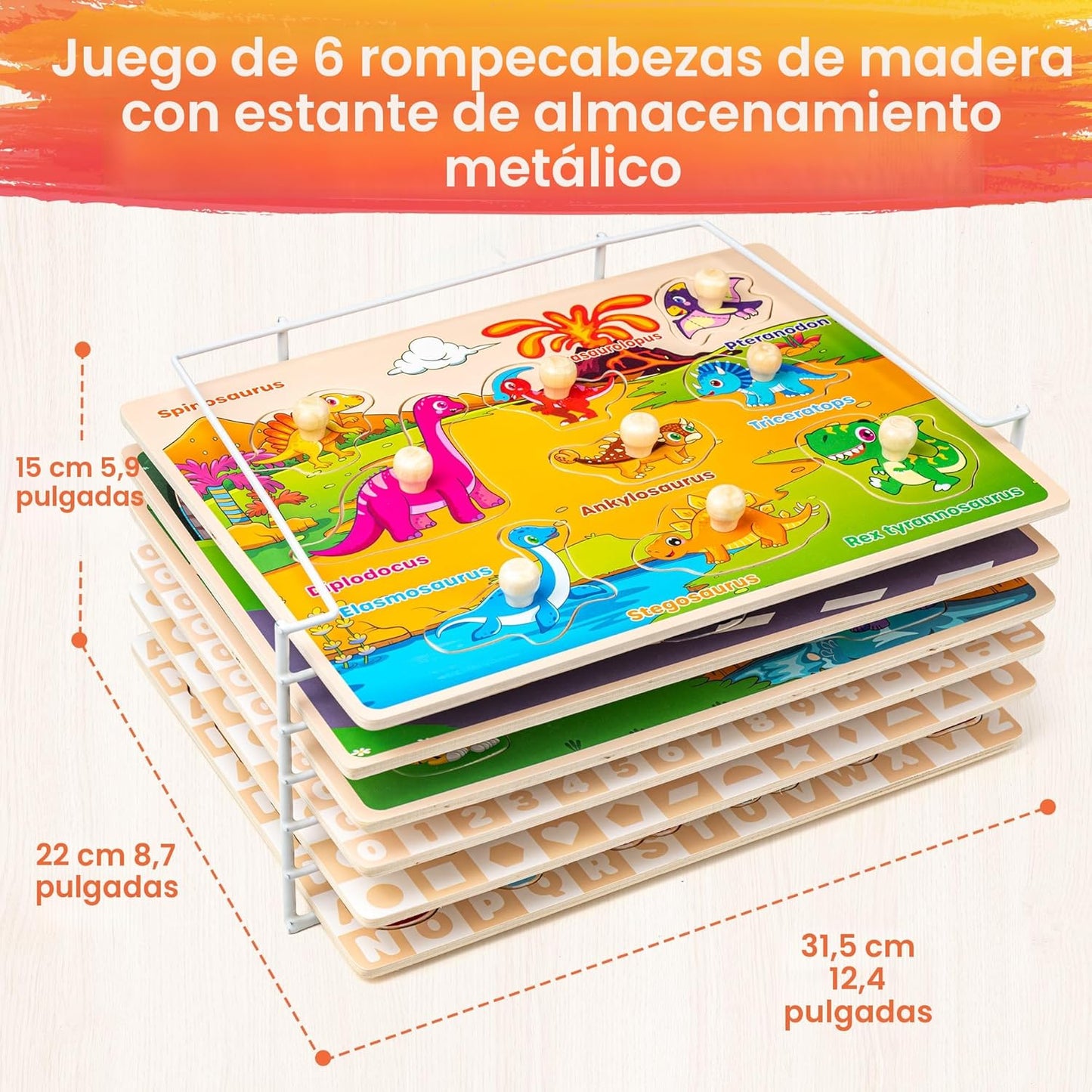 SYNARRY Rompecabezas de madera para niños pequeños de 1 a 3 años, 6 rompecabezas para niños pequeños de 2 a 4 años con estante, aprendizaje del alfabeto con forma de número animal dinosaurio, regalo
