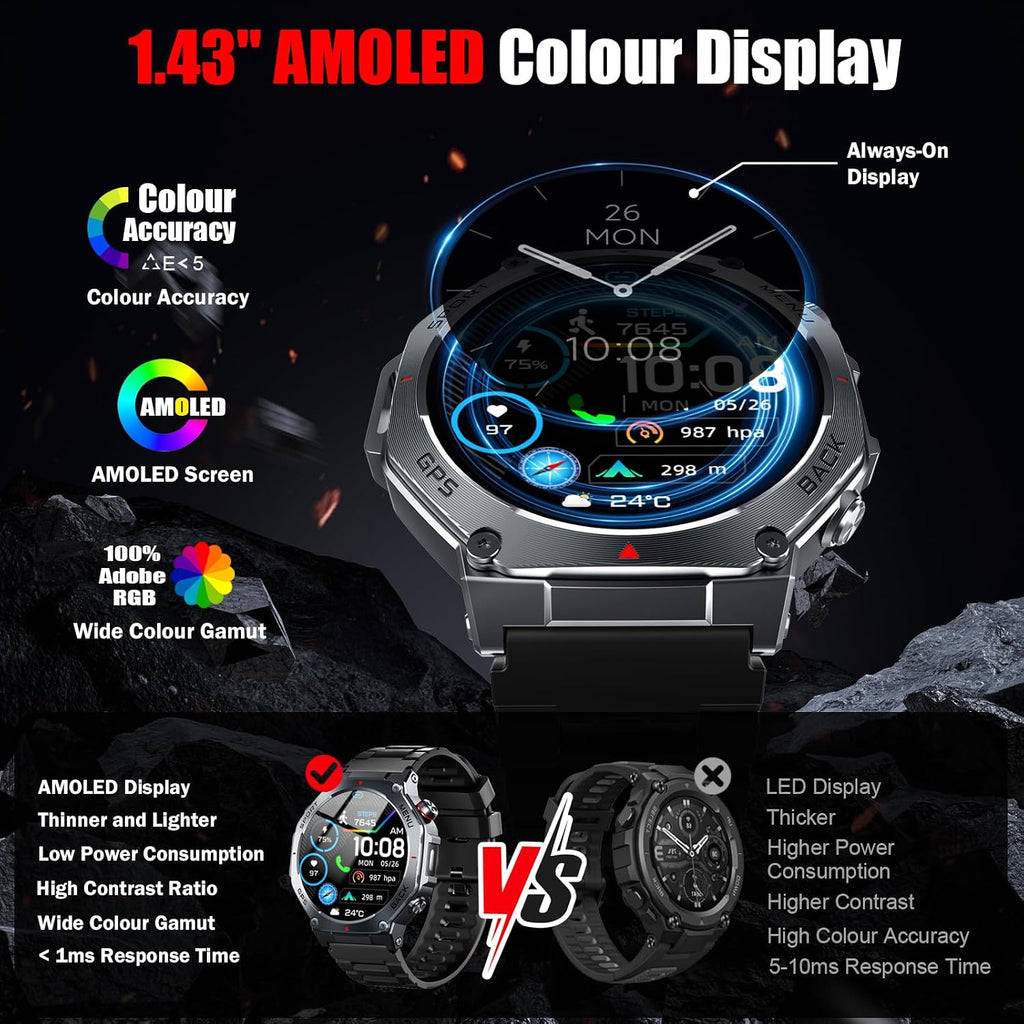 Reloj inteligente para hombre, 1.43" AMOLED Militar SmartWatch...