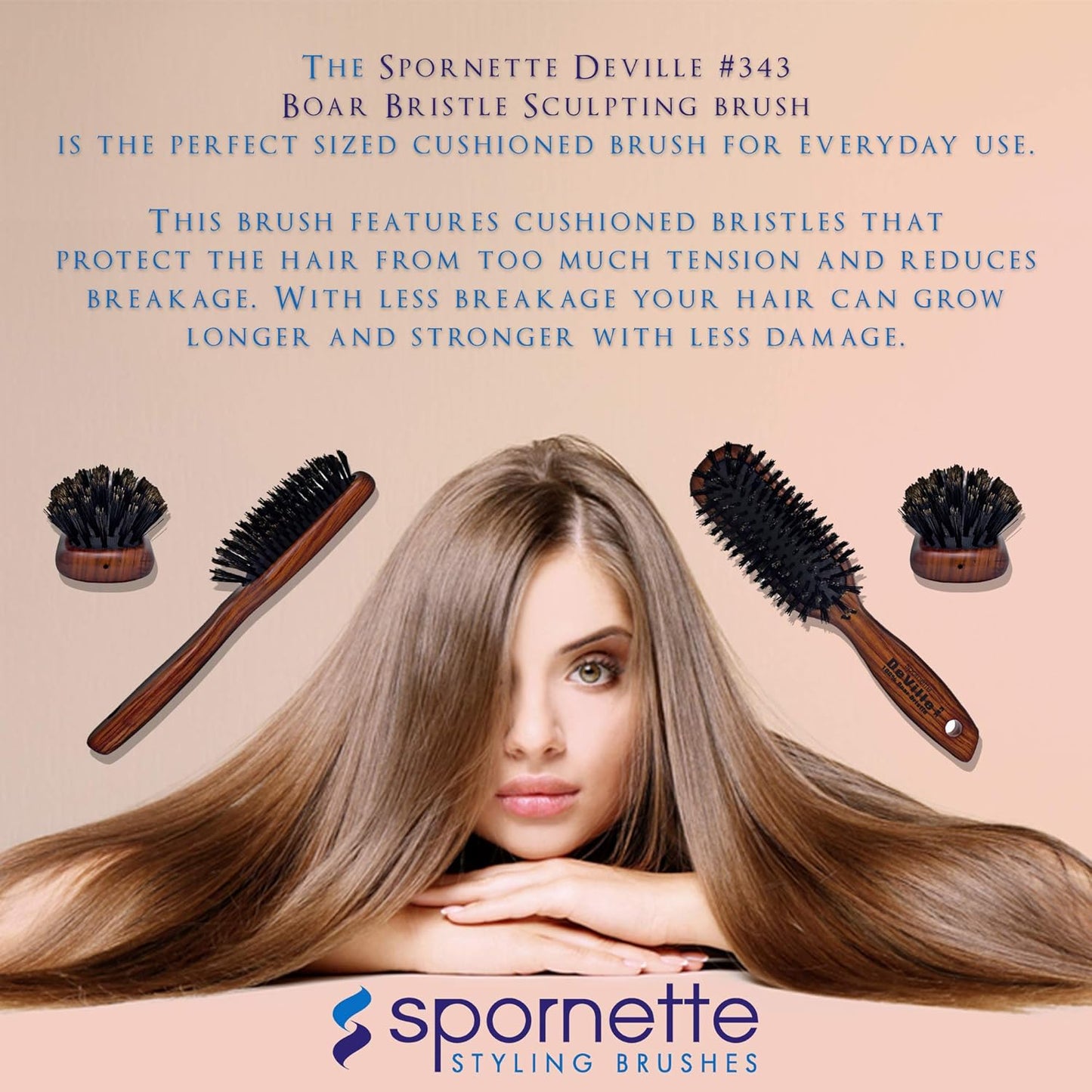 Spornette Deville - Cepillo de pelo para esculpir #343, cerdas de jabalí suaves, mango de madera, cepillo alisador acolchado para mantenimiento diario, acabado y añade brillo a cepillados y soplados