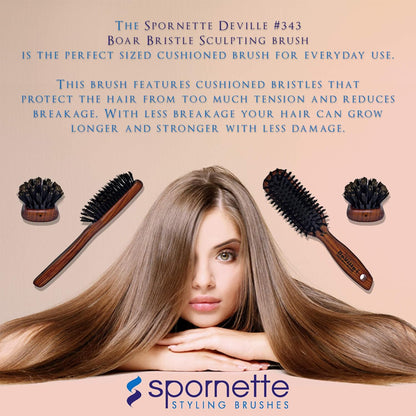 Spornette Deville - Cepillo de pelo para esculpir #343, cerdas de jabalí suaves, mango de madera, cepillo alisador acolchado para mantenimiento diario, acabado y añade brillo a cepillados y soplados