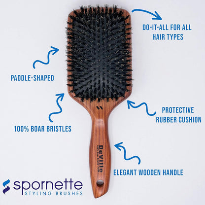 Spornette Deville Cushion Paddle Brush - Cepillo de cerdas de jabalí con mango de madera, para alisar, alisar, desenredar, peinar y cepillar para mujeres, hombres y niños, todo tipo de cabello