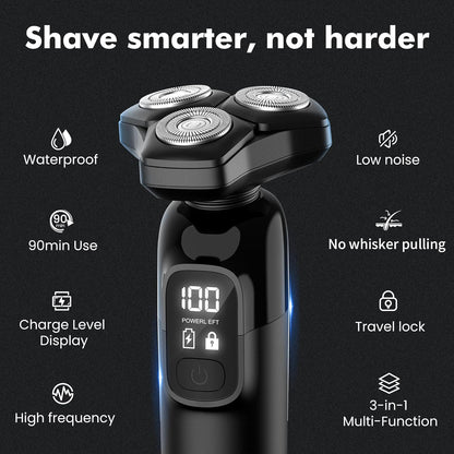 Maquinilla de afeitar eléctrica para hombres Flynth 3 en 1, afeitadora inalámbrica giratoria de 3 cuchillas húmeda/seca para barba, nariz y cara, IPX7, impermeable, carga rápida, recortadora de viaje