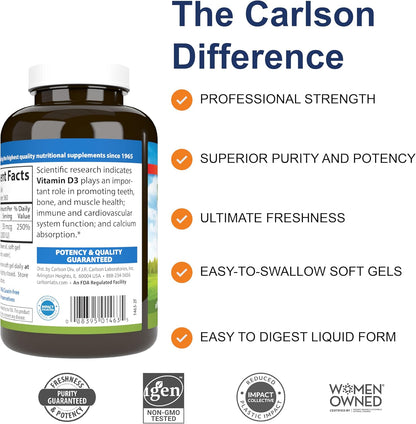 Carlson - Vitamina D3, 2000 UI (50 mcg), salud ósea e inmunológica,...