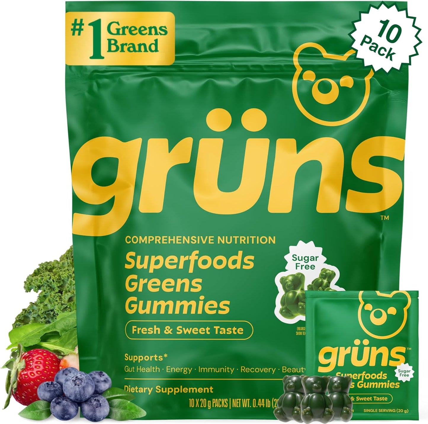 Gruns Gomitas Super Greens Sin Azúcar, Ositos de Goma Multivitamíni...