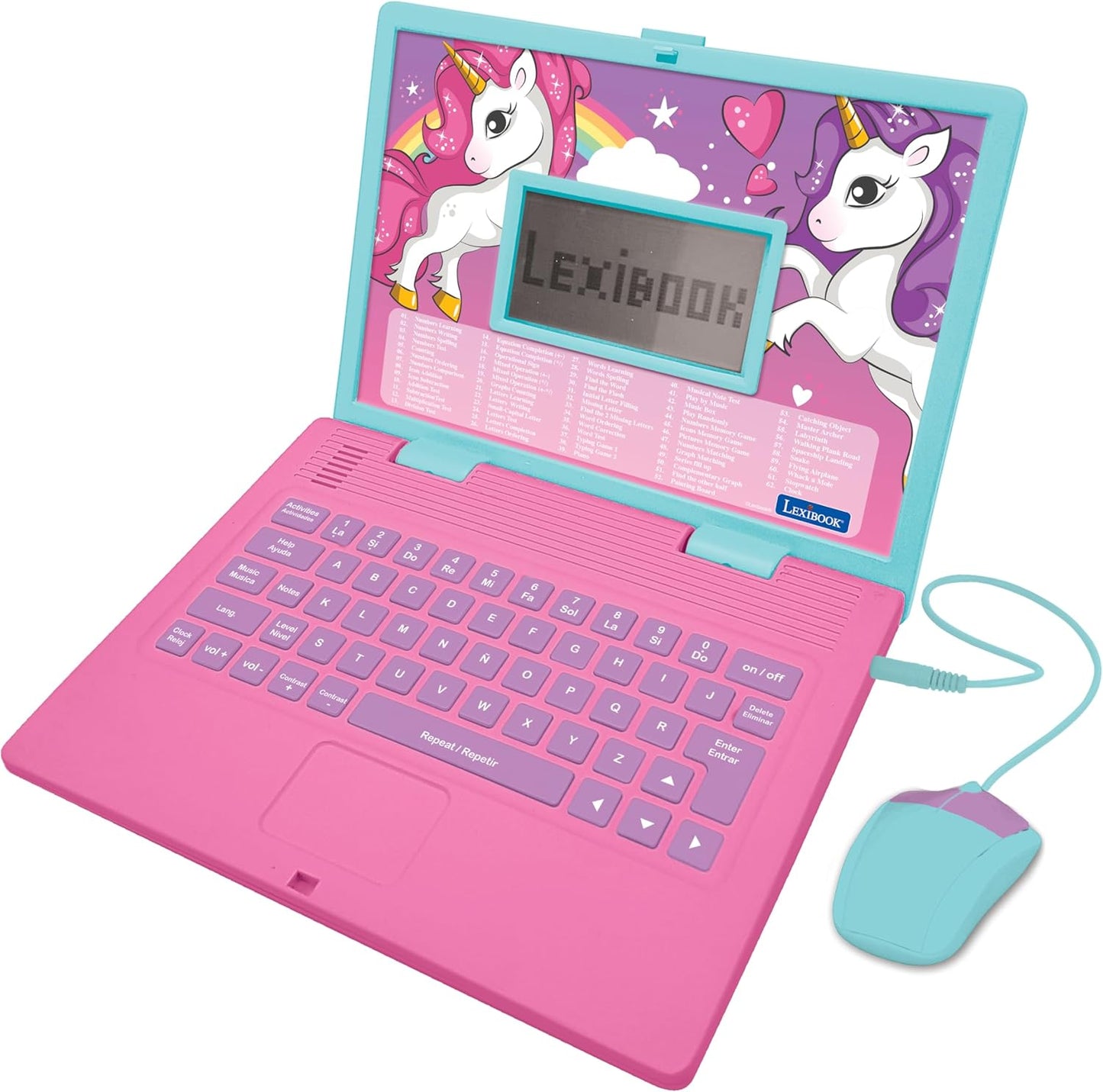LEXiBOOK - Ordenador portátil educativo y bilingüe Unicornio español/inglés - Juguetes para niños con 124 actividades para aprender matemáticas, dactilografía, lógica, lectura de relojes, jugar juegos