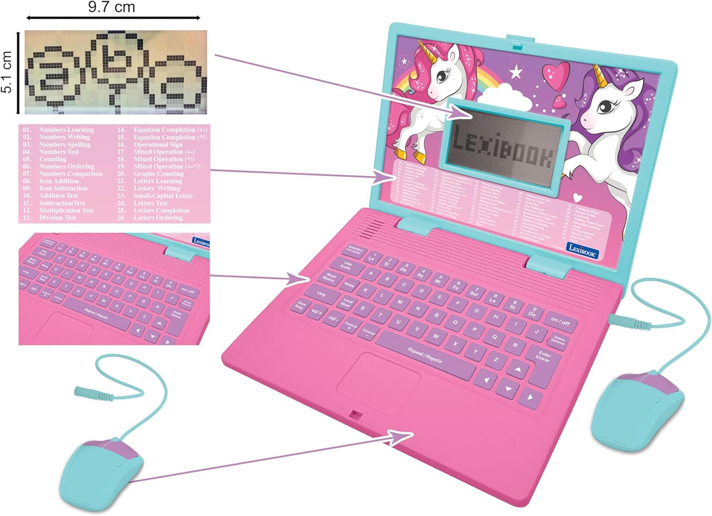 LEXiBOOK - Ordenador portátil educativo y bilingüe Unicornio español/inglés - Juguetes para niños con 124 actividades para aprender matemáticas, dactilografía, lógica, lectura de relojes, jugar juegos
