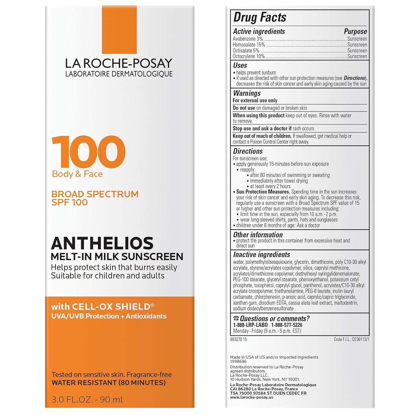 La Roche-Posay Anthelios Melt-In Milk Protector solar SPF 100, protector solar para cuerpo y cara, amplio espectro SPF + antioxidantes, sin aceite, para piel sensible al sol, libre de oxibenzona