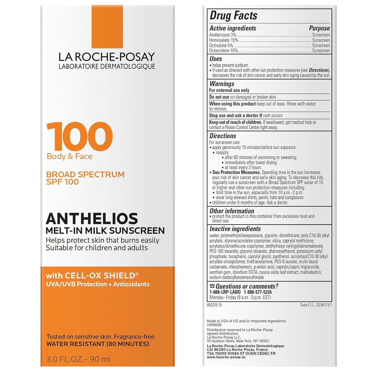 La Roche-Posay Anthelios Melt-In Milk Protector solar SPF 100, protector solar para cuerpo y cara, amplio espectro SPF + antioxidantes, sin aceite, para piel sensible al sol, libre de oxibenzona