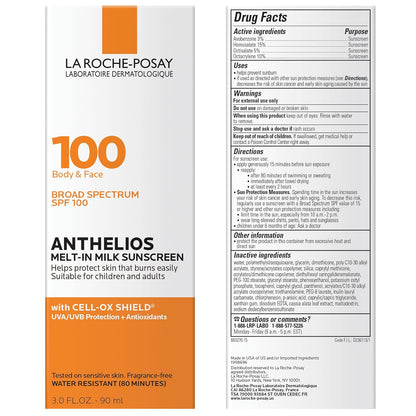 La Roche-Posay Anthelios Melt-In Milk Protector solar SPF 100, protector solar para cuerpo y cara, amplio espectro SPF + antioxidantes, sin aceite, para piel sensible al sol, libre de oxibenzona