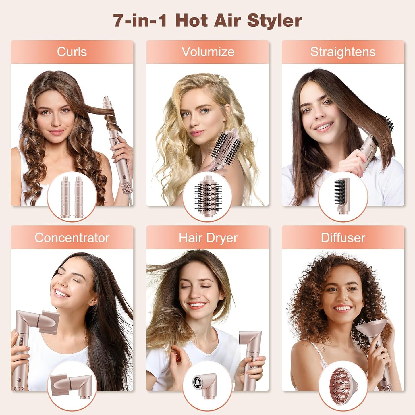 7MAGIC Estilizador de cabello y cepillo secador de cabello 7 en 1, secador de cabello de alta velocidad de 110,000 RPM con iones negativos para peinar sin encrespamiento, secado rápido, rizado