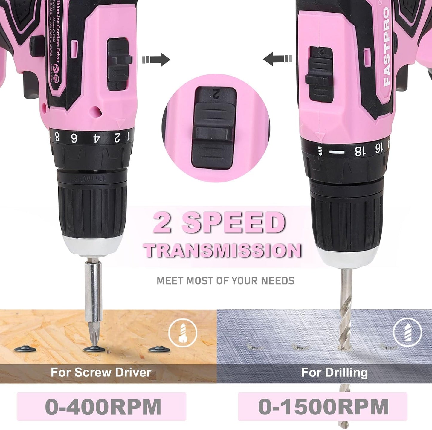 FASTPRO 232 piezas 20 V Rosa inalámbrico Taladro de iones de litio...