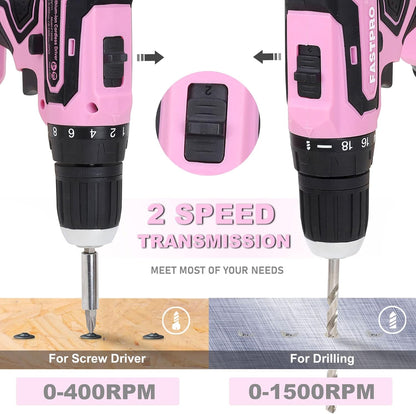 FASTPRO 232 piezas 20 V Rosa inalámbrico Taladro de iones de litio...