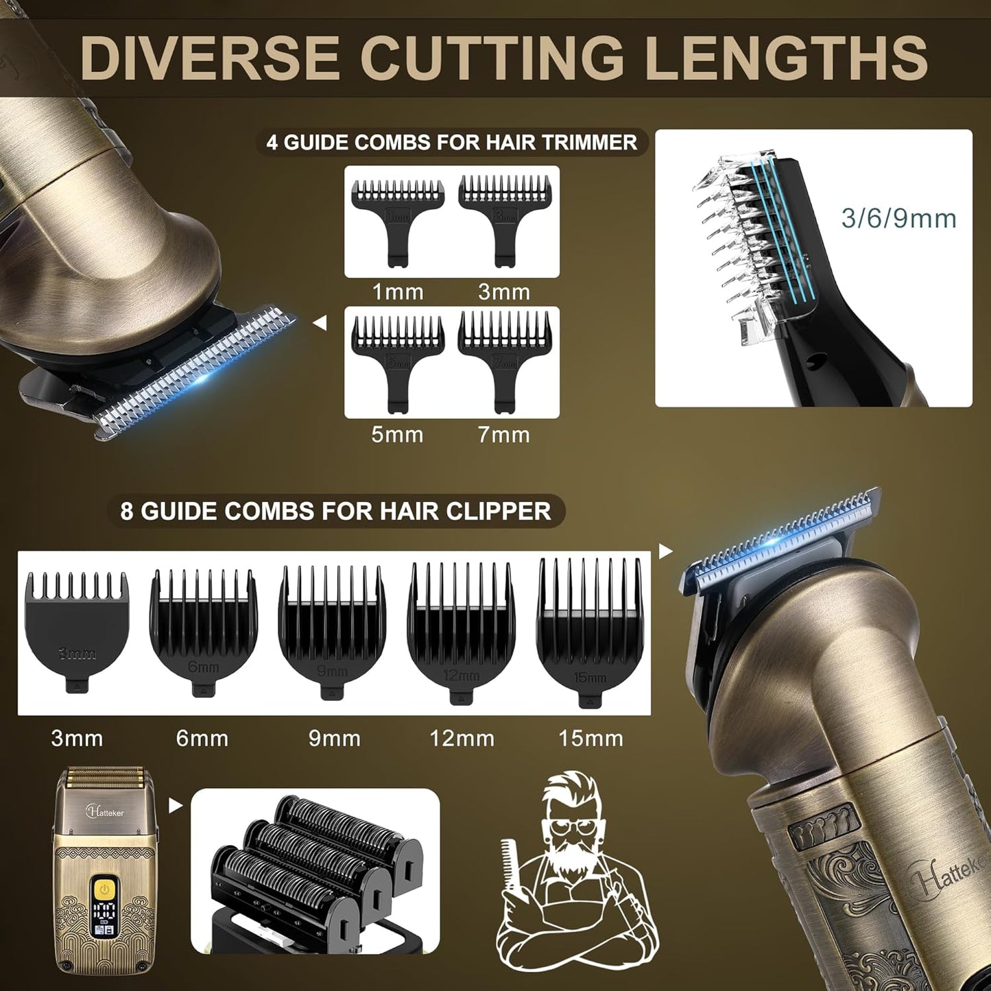 Hatteker Cortapelos Profesional Maquinilla de Afeitar Eléctrica Afeitadoras de Lámina para Hombres Cuerpo Nariz Oreja Kit de Aseo de Cabello con Cuchillas Triples Inalámbrico Impermeable