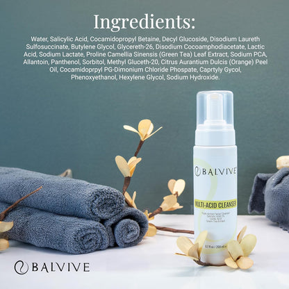 Limpiador facial espumoso con ácido salicílico, ácido glicólico, ácido láctico y extracto de té verde, lavado facial para acné, piel grasa y sensible, removedor de maquillaje y cuidado de la