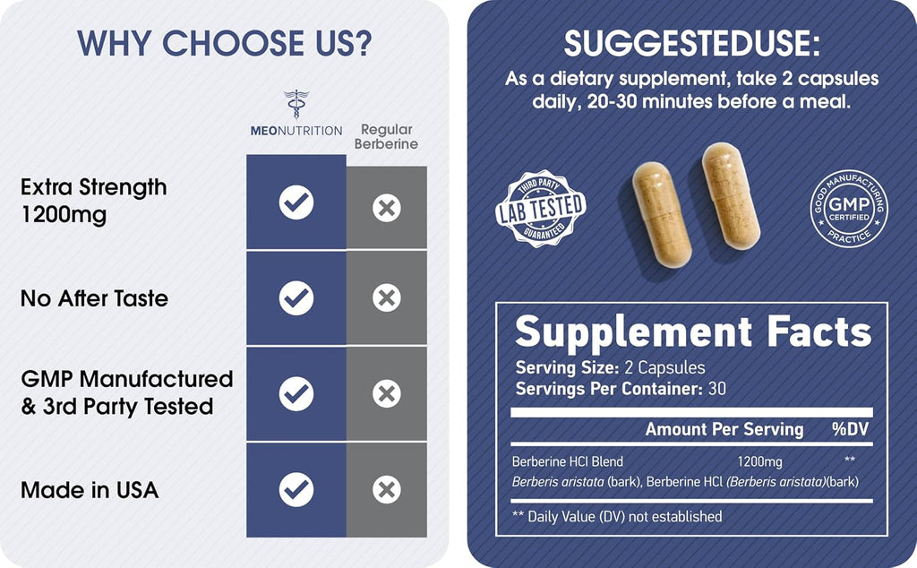 Meo Nutrition Suplemento de berberina de 1200 mg HCI - 60 cápsulas,...