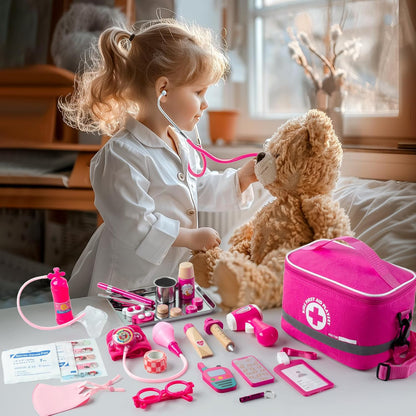 Kit médico para niños y niñas, 34 piezas para niños pequeños de 3 a 5 años con bolsa de almacenamiento médico y estetoscopio real, juego de simulación para niños y niñas, divertido juego de