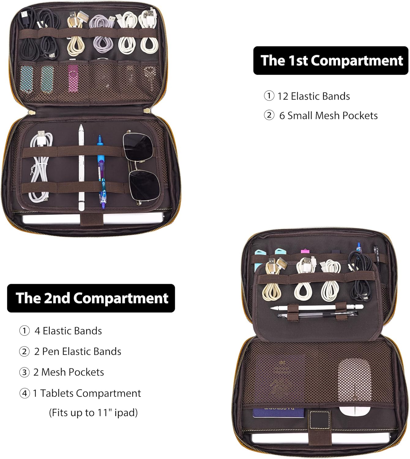 LANNSYNE Organizador electrónico de cuero de grano completo accesorio bolsa de tecnología de viaje, bolsa de accesorios de cable, estuche de transporte de almacenamiento para cargador, teléfono, banco