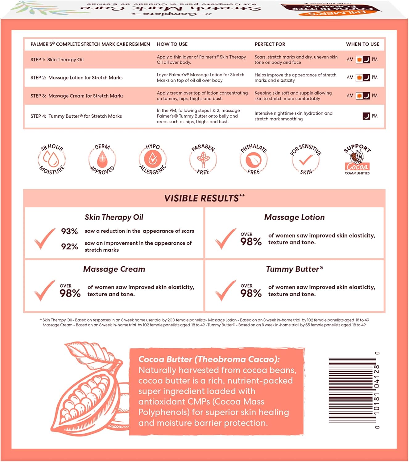 Kit de Cuidado de la Piel Palmer's con Fórmula de Manteca de Cacao para Estrías y Cicatrices, Aprobado por Dermatólogos, Regalo para Mamá, Juego de 4 Piezas de Tamaño Completo