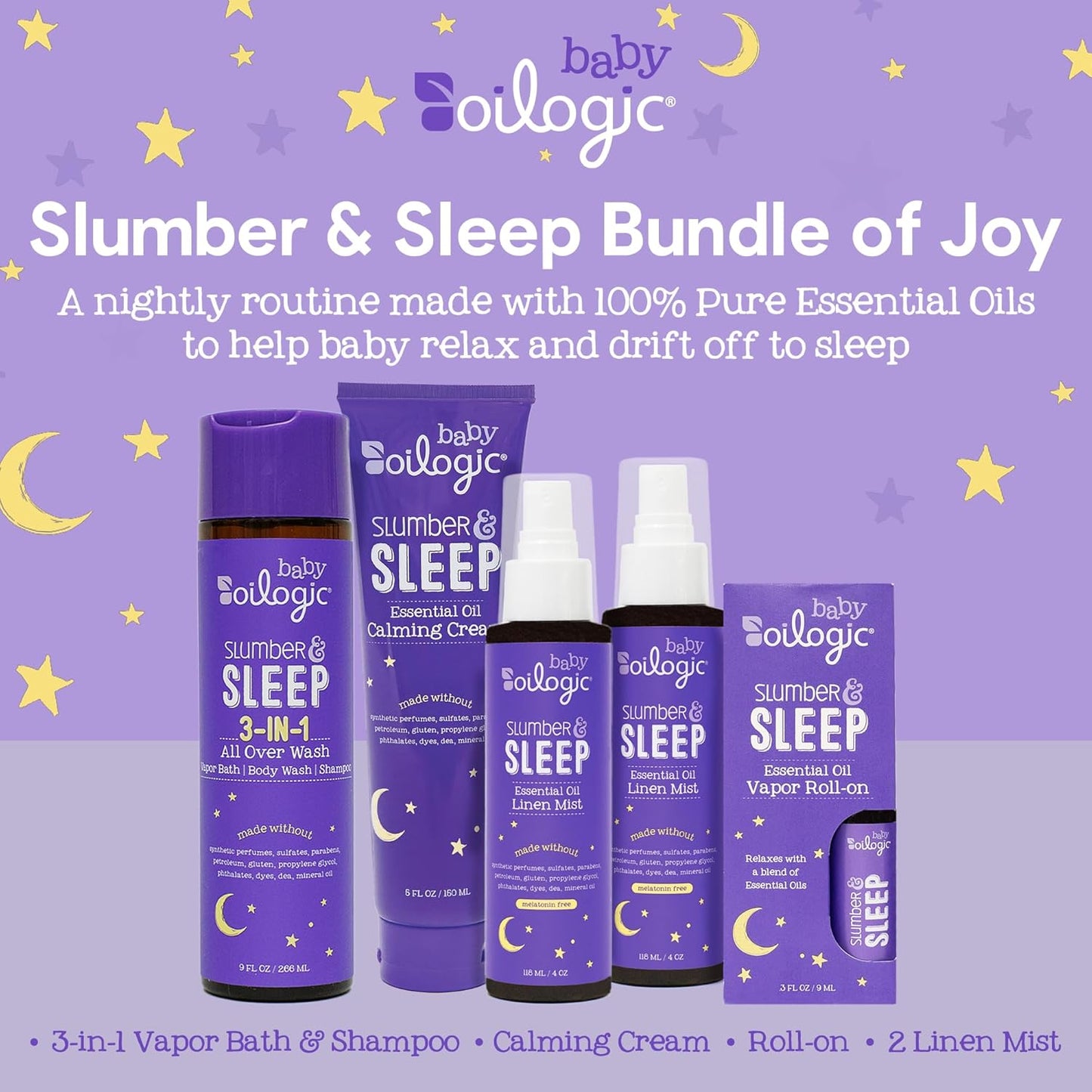 Oilogic Slumber & Sleep Bath Baby Essentials Set de regalo – Incluye gel de baño corporal, crema calmante, spray para dormir y aceites esenciales roll-on – Mezclas de sueño, comodidad y bienestar