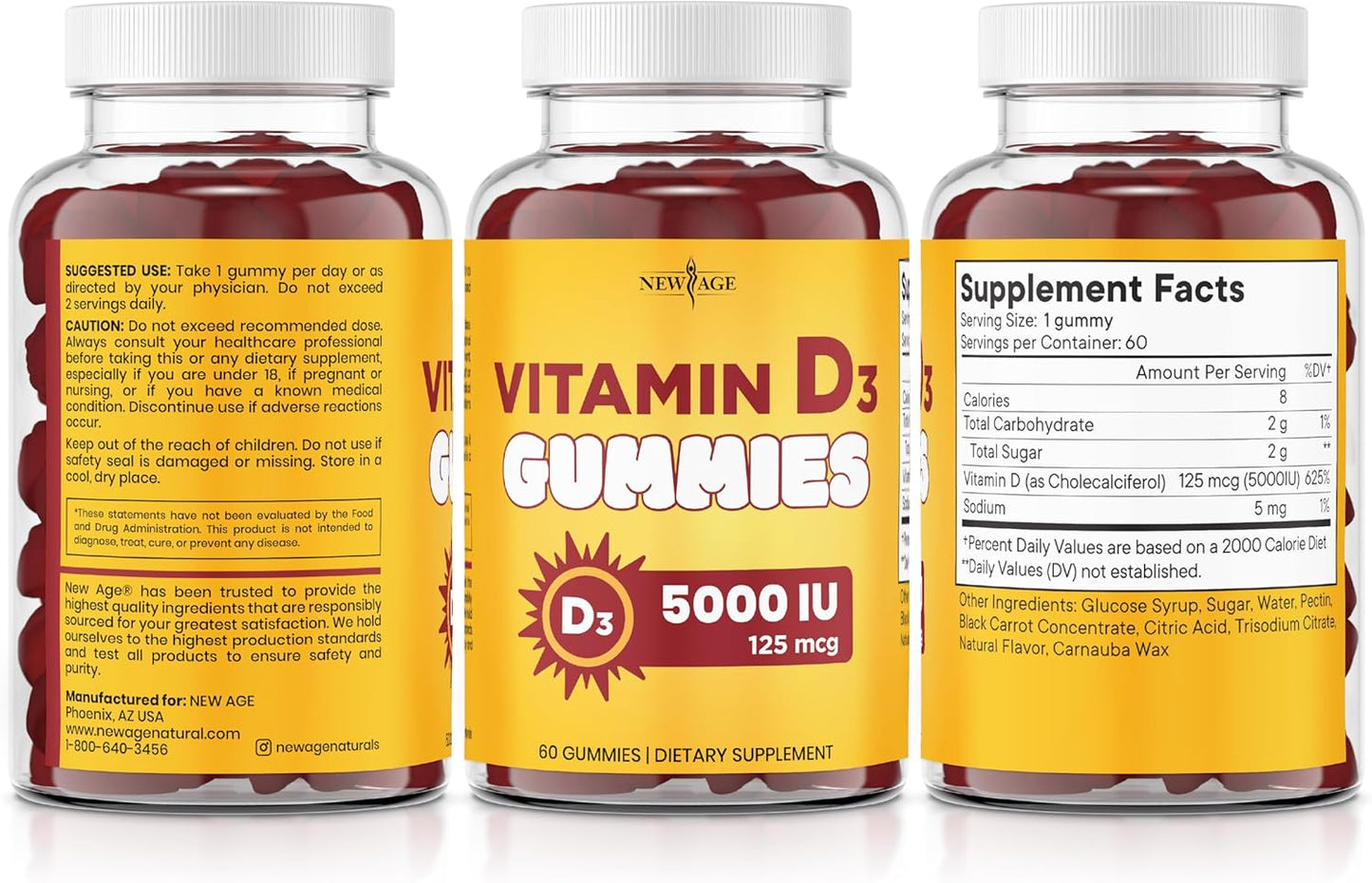 NEW AGE Gomitas de vitamina D3 de 5000 UI de 125 mcg, suplemento in...