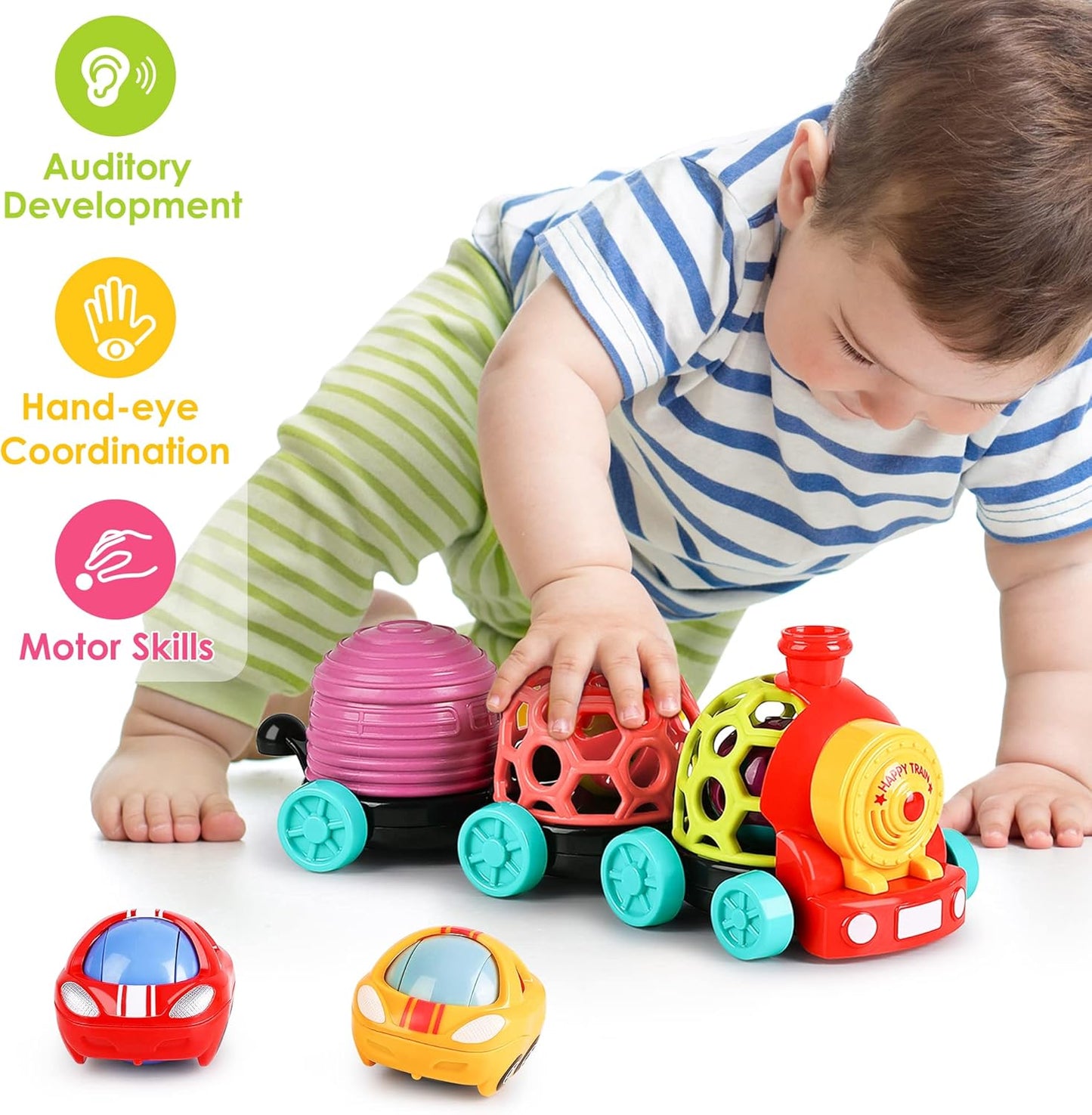 iPlay, iLearn Tren de juguete para bebés, autos suaves para niños de 6 a 12 meses, camión musical Push N Go, sonajero sensorial para niños pequeños, regalo de cumpleaños de bebés de 7, 8, 9, 10, 11,
