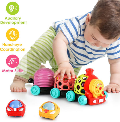 iPlay, iLearn Tren de juguete para bebés, autos suaves para niños de 6 a 12 meses, camión musical Push N Go, sonajero sensorial para niños pequeños, regalo de cumpleaños de bebés de 7, 8, 9, 10, 11,