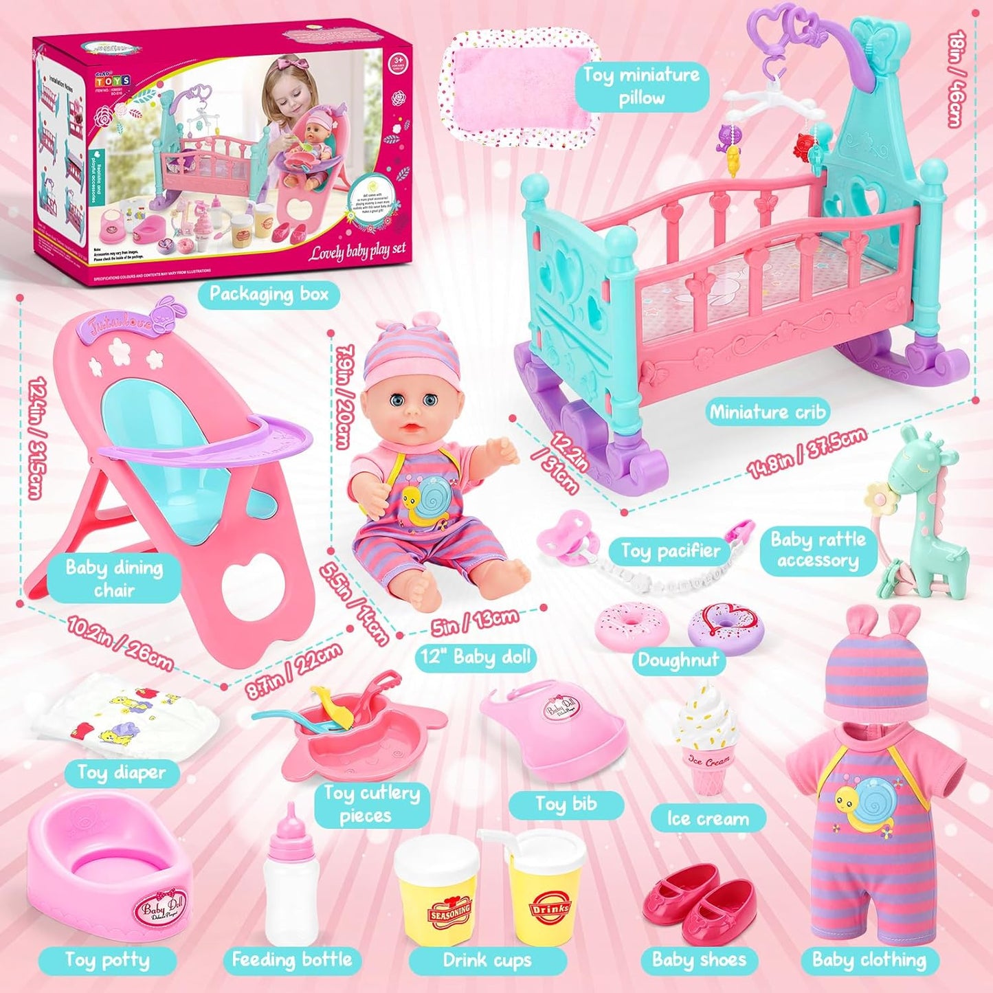 deAO Juego de Muñecas de Bebé de 12" con Cuna, Móvil, Silla Alt...