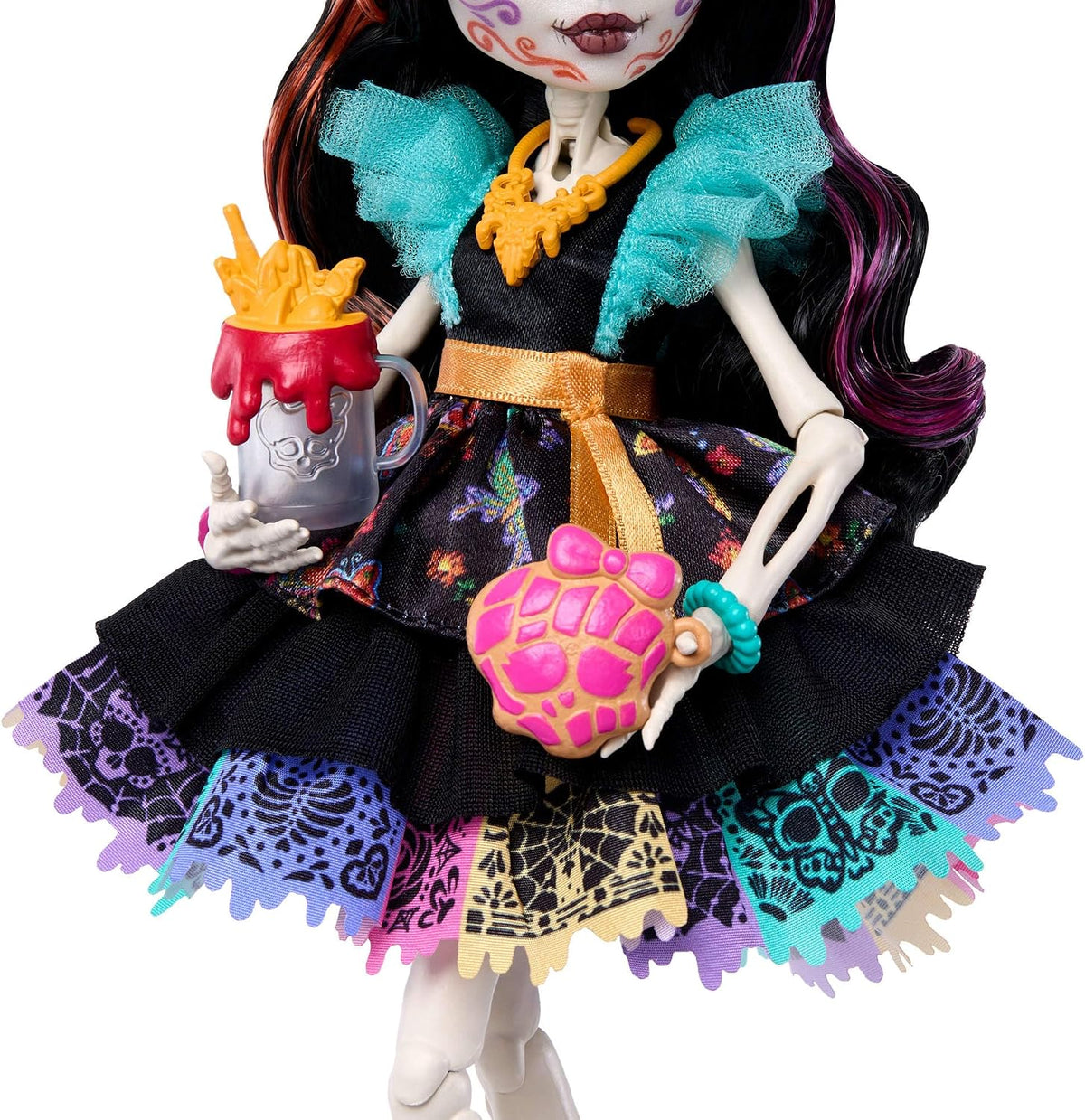 Muñeca Monster High, calaveras Skelita en colorido vestido de papel...