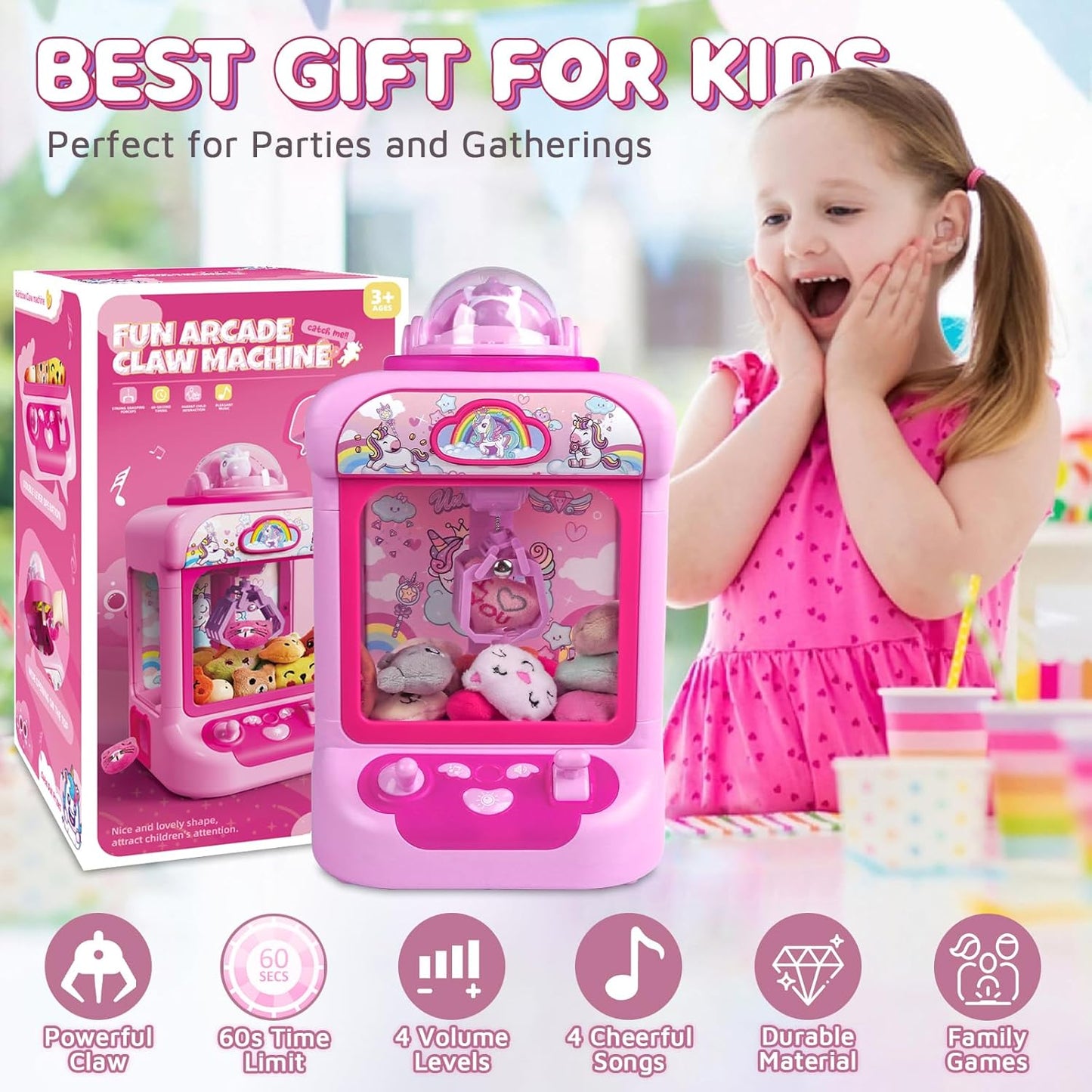 Marlrin Máquina de Garra para Niños, Mini Máquina Expendedora Juguetes de Unicornio para Niñas, Agarrador de Dulces Dispensador de Premios con Sonido y 20 Mini Juguetes de Peluche, Juego de Arcade