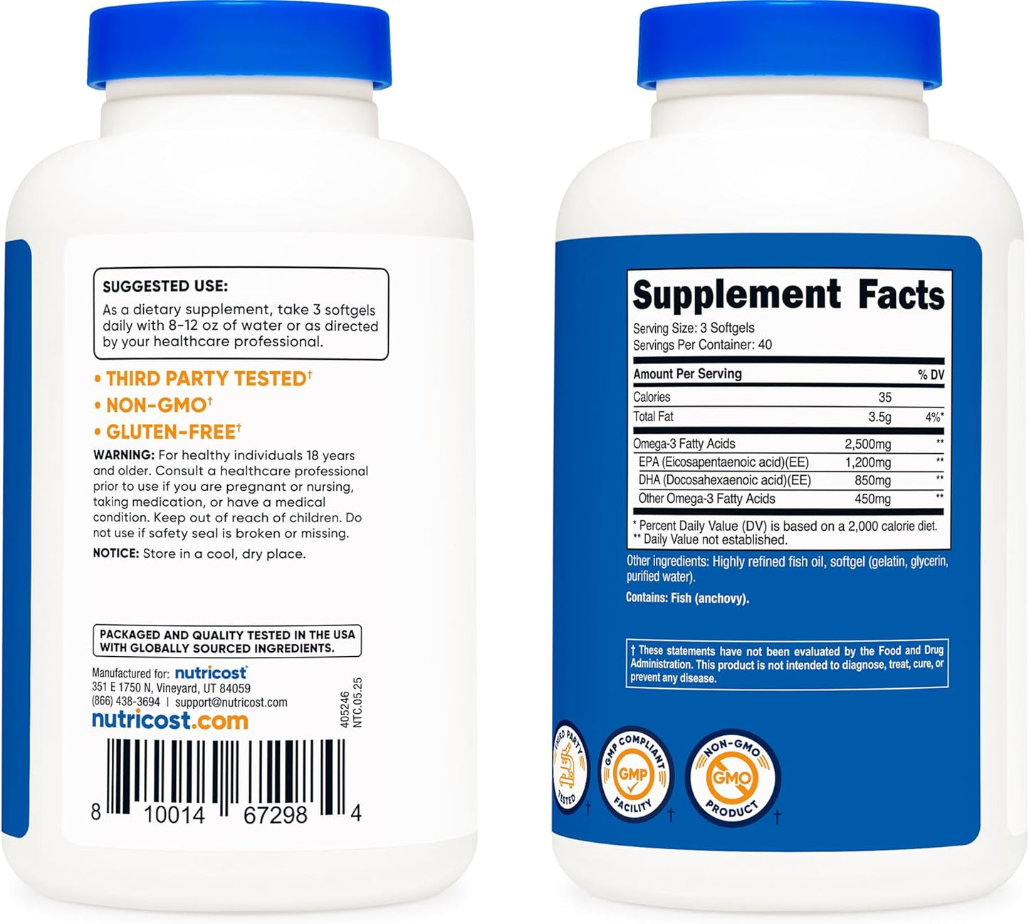 Nutricost Aceite de pescado Omega 3, 2500 mg, 120 cápsulas blandas...