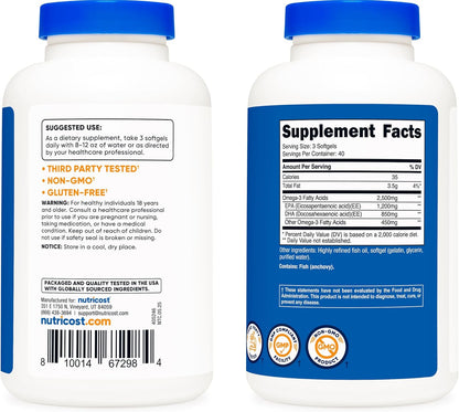 Nutricost Aceite de pescado Omega 3, 2500 mg, 120 cápsulas blandas...