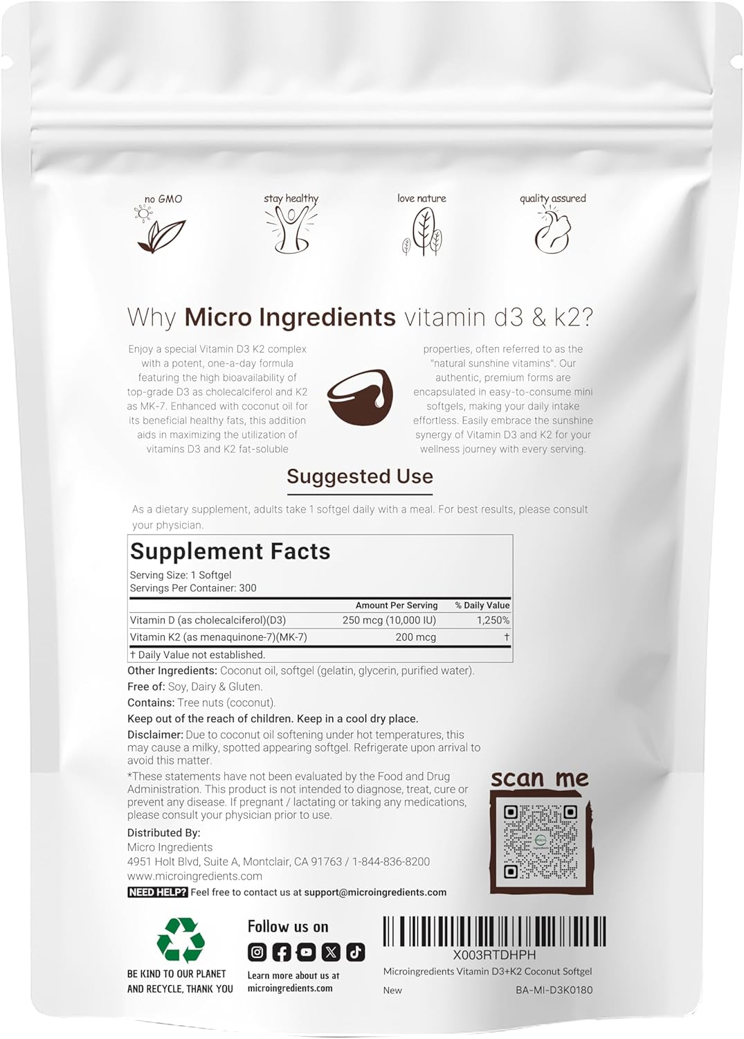 Micro Ingredients Vitamina D3 10,000 UI + K2 MK-7 200 mcg, 600 cáps...