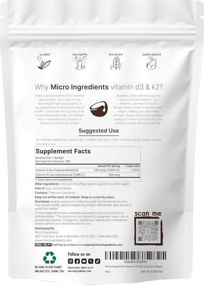 Micro Ingredients Vitamina D3 10,000 UI + K2 MK-7 200 mcg, 600 cáps...