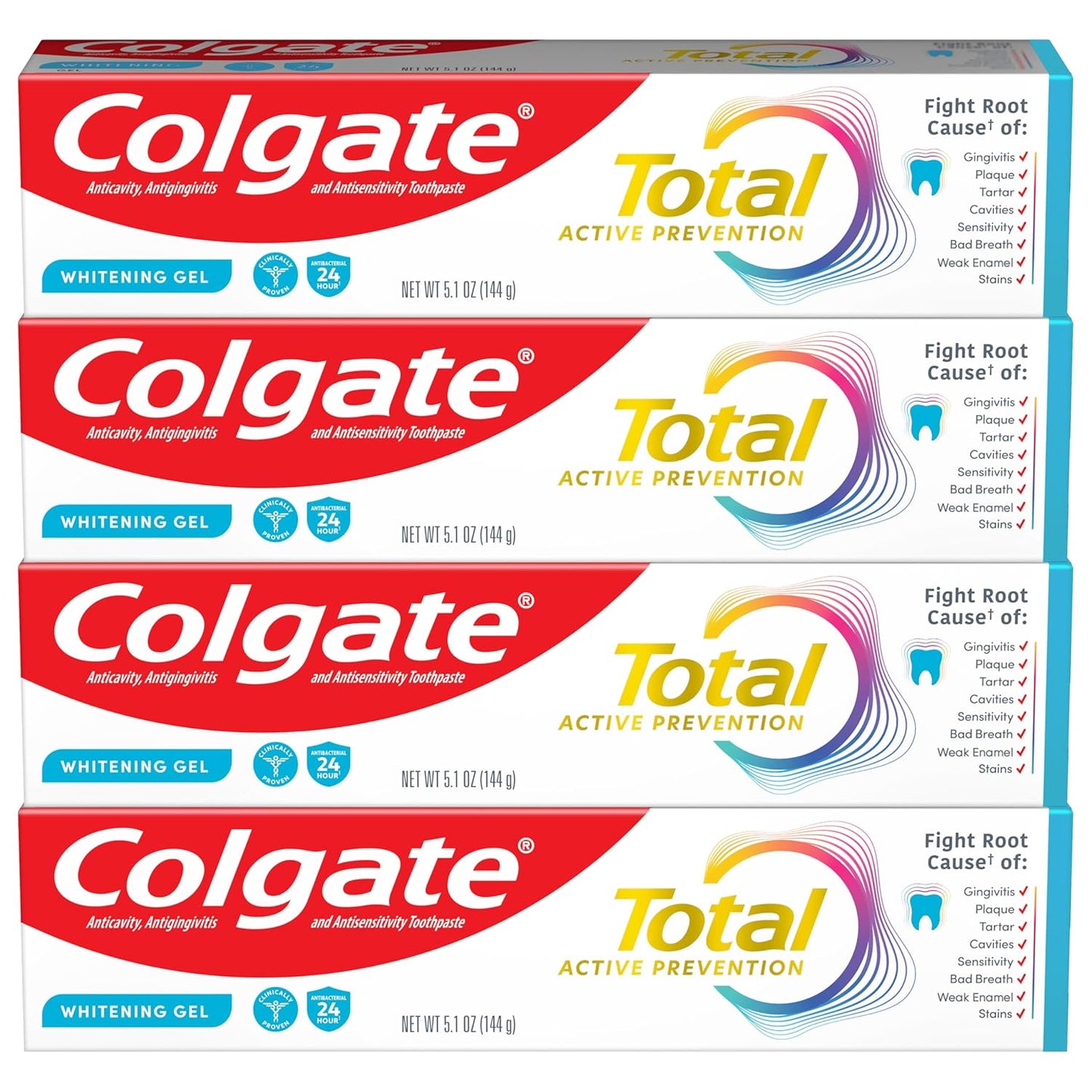 Colgate Total Active Prevention - Pasta de dientes en gel blanqueador con flúor, a granel con fórmula clínicamente probada que combate las bacterias de la placa, menta, paquete de 4, 5.1 onzas