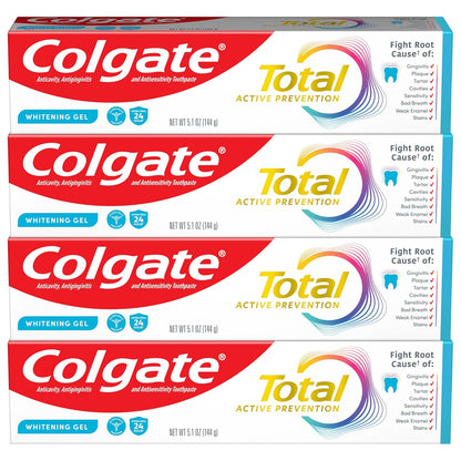 Colgate Total Active Prevention - Pasta de dientes en gel blanqueador con flúor, a granel con fórmula clínicamente probada que combate las bacterias de la placa, menta, paquete de 4, 5.1 onzas