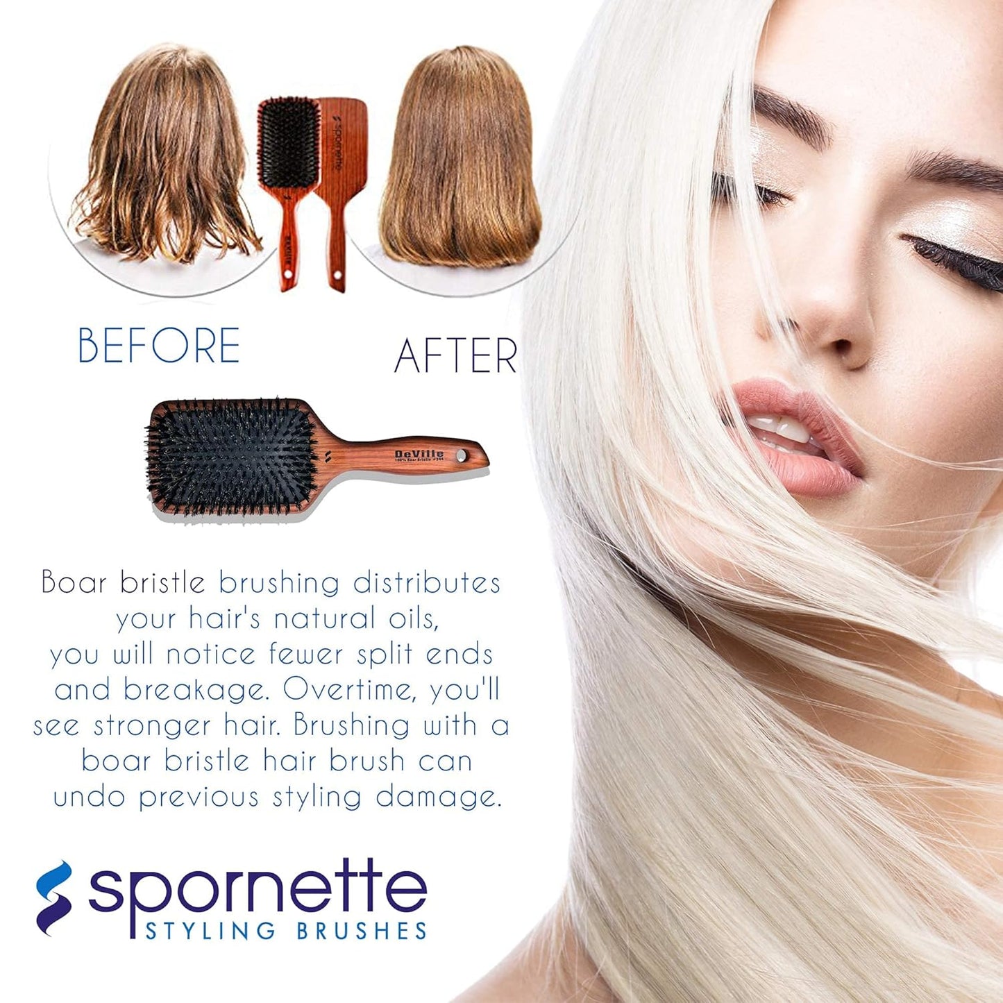 Spornette Deville Cushion Paddle Brush - Cepillo de cerdas de jabalí con mango de madera, para alisar, alisar, desenredar, peinar y cepillar para mujeres, hombres y niños, todo tipo de cabello