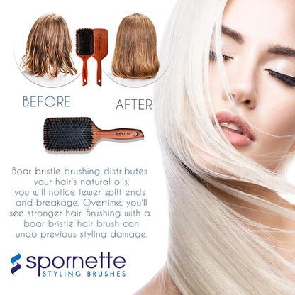 Spornette Deville Cushion Paddle Brush - Cepillo de cerdas de jabalí con mango de madera, para alisar, alisar, desenredar, peinar y cepillar para mujeres, hombres y niños, todo tipo de cabello