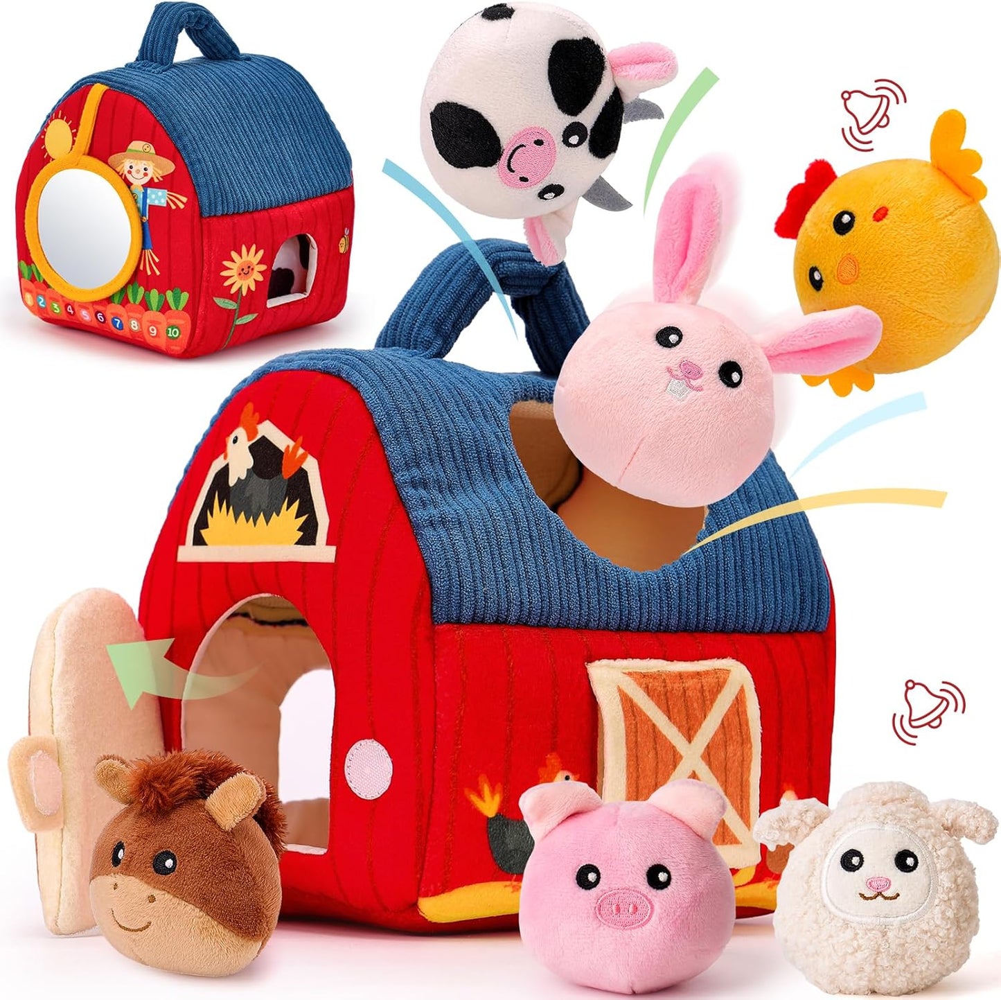 hahaland - Juguetes para bebés de 6-12 meses, juego de granero con animales de peluche de granja, sonajero, papel crujiente, espejo, juguetes montessori sensoriales para niños pequeños de 1-3 años