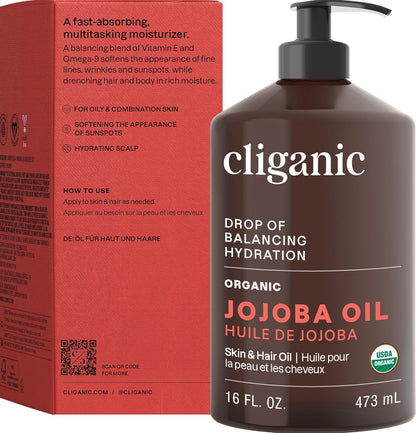 Cliganic Aceite de jojoba orgánico de 16 onzas, 100% puro, a granel...