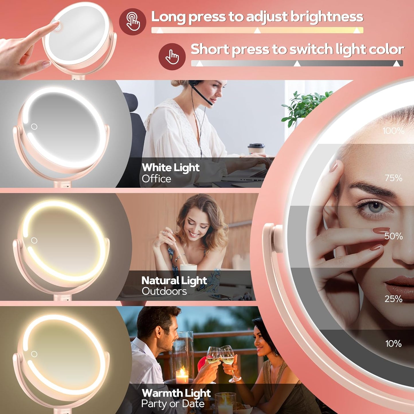 B Beauty Planet Espejo de maquillaje con luces, espejo de aumento i...
