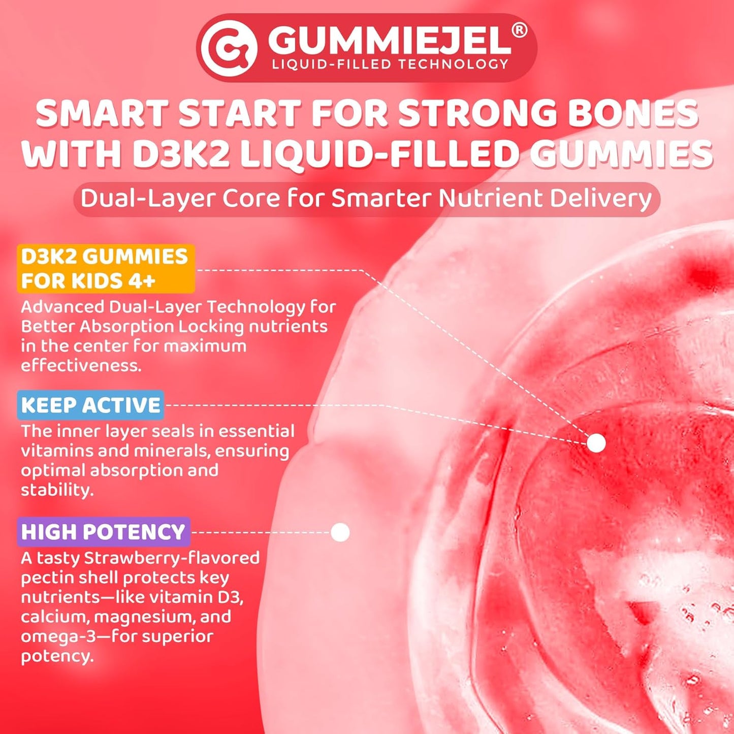 Gomas rellenas de líquido con vitamina D3 K2 + calcio para niños y...