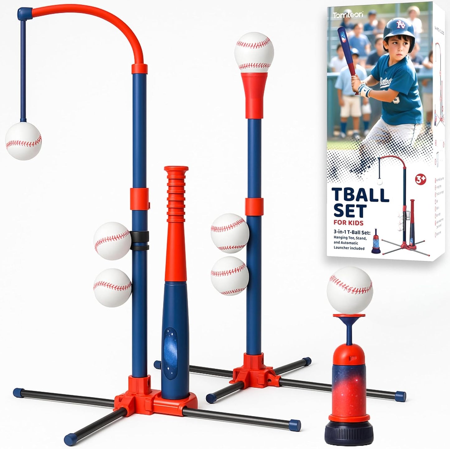 Juego de béisbol 3 en 1 para niños y niños pequeños de 3 a 5 años – Incluye soporte de pelota de camiseta, camiseta colgante, lanzador automático de bolas y 6 bolas de softball, altura ajustable para