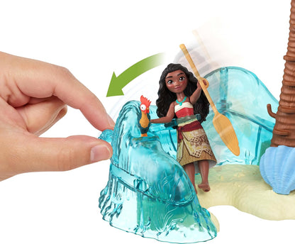 Mattel Disney Moana 2 Juguetes, Set de juego de aventura en la isla de Moana con muñecas pequeñas de Moana y Simea, 2 amigos personajes, 5 áreas de juego y 8 accesorios