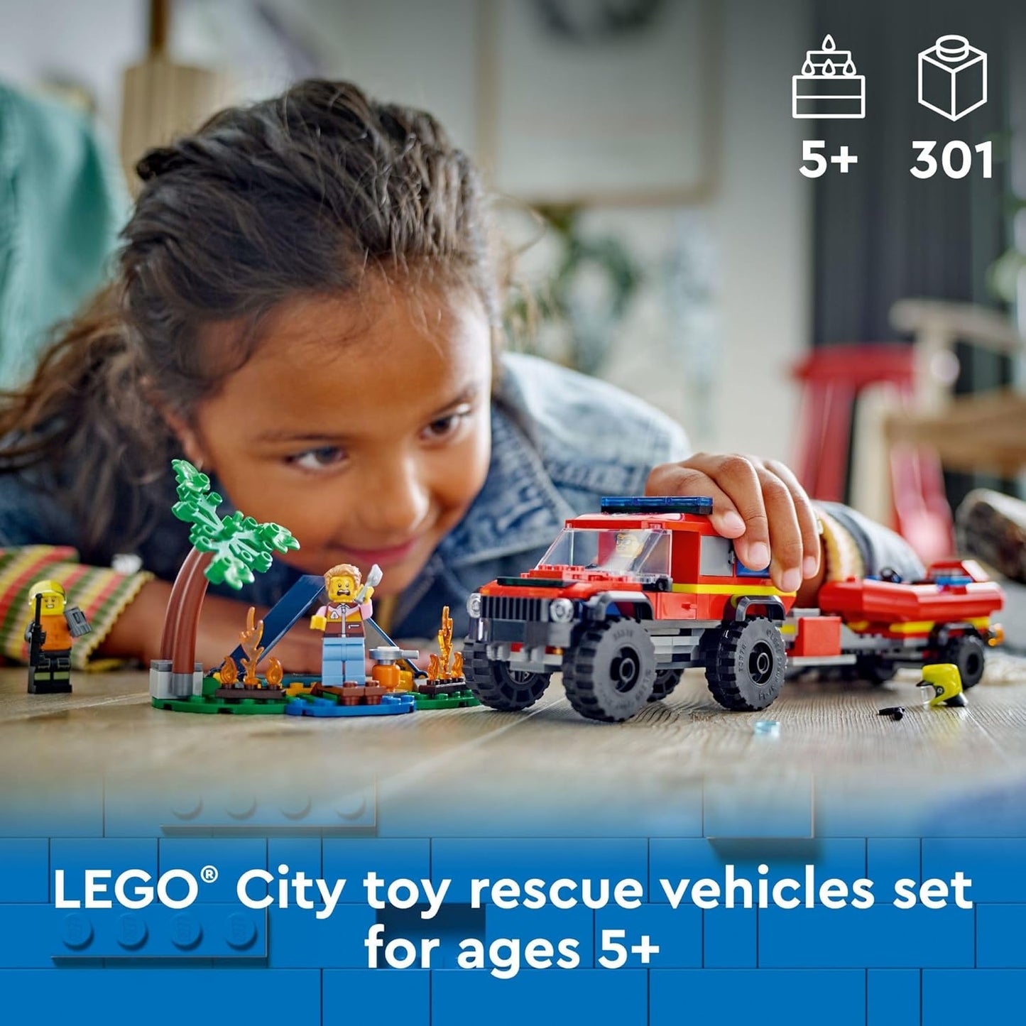 LEGO City Camión de Bomberos 4x4 con Bote de Rescate Juguete para Niños de 5 Años en Adelante, Juego de Simulación para Niños y Niñas con un Juguete de Camión, Remolque, Lancha Auxiliar y Tienda de