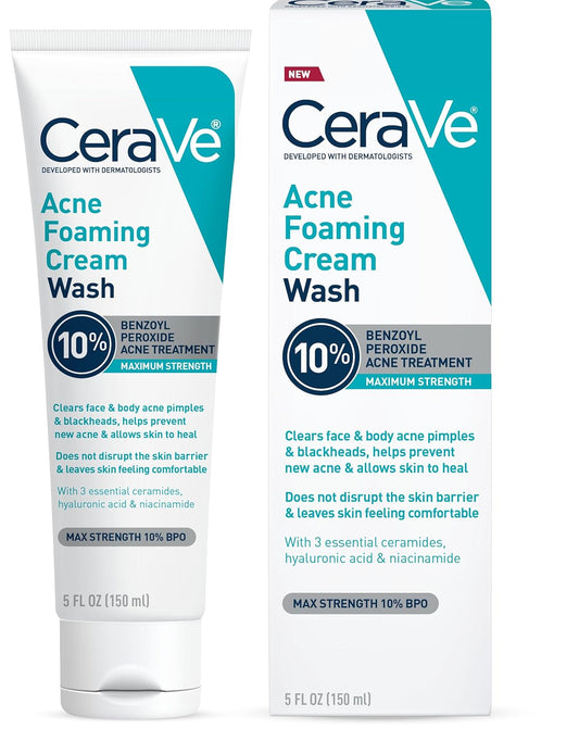CeraVe Crema Espumosa Limpiadora para el Acné, Limpiador Suave para Rostro y Cuerpo con Peróxido de Benzoilo al 10%, Ácido Hialurónico y Niacinamida, Tratamiento con Peróxido de Benzoilo al 10% que
