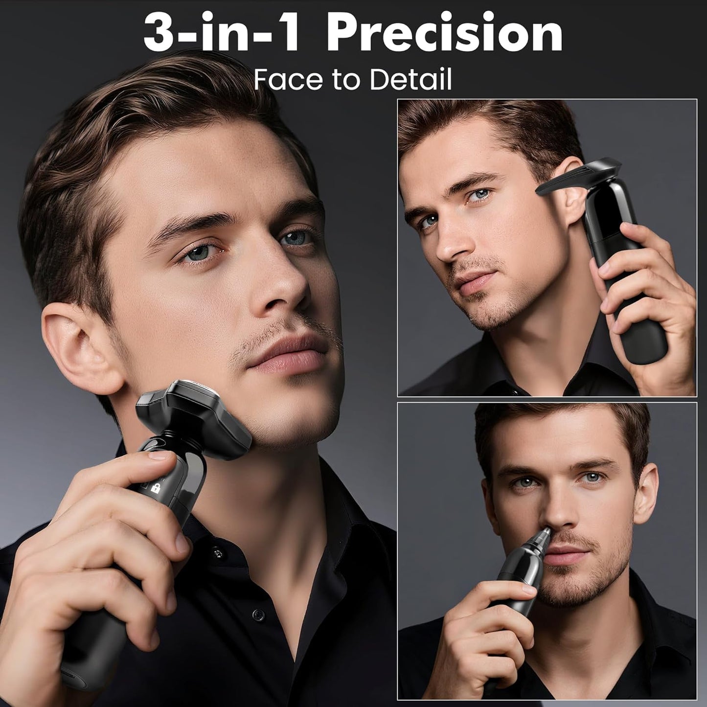 Maquinilla de afeitar eléctrica para hombres Flynth 3 en 1, afeitadora inalámbrica giratoria de 3 cuchillas húmeda/seca para barba, nariz y cara, IPX7, impermeable, carga rápida, recortadora de viaje