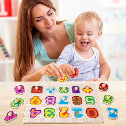 SYNARRY Rompecabezas de madera para niños pequeños de 1 a 3 años, 6 rompecabezas para niños pequeños de 2 a 4 años con estante, aprendizaje del alfabeto con forma de número animal dinosaurio, regalo